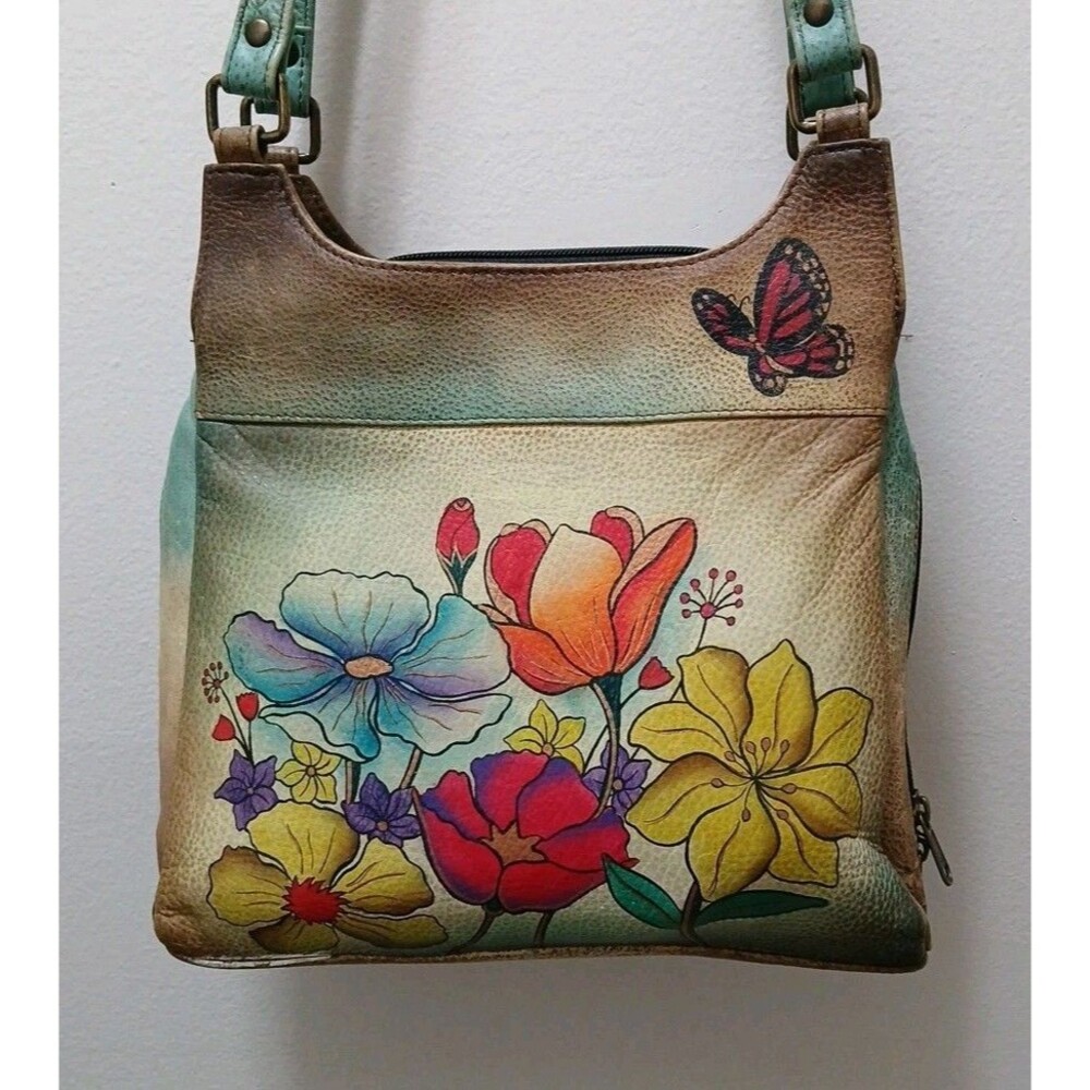 Anushka Leather Hand painted Handbag Purse Dragonfly Butterfly Floral Medium